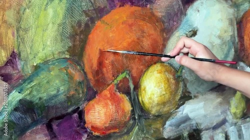 Сlose-up of painting and brush painting autumn still life with pumpkins. Painting class, art studio, art workshop