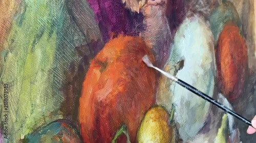 Сlose-up of painting and brush painting autumn still life with pumpkins. Painting class, art studio, art workshop
