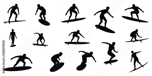 Collection of black silhouettes of surfers in various poses riding waves on surfboards, isolated on a white background, for water sports, and surfing lifestyle