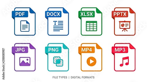 Digital file format icons for various document types.