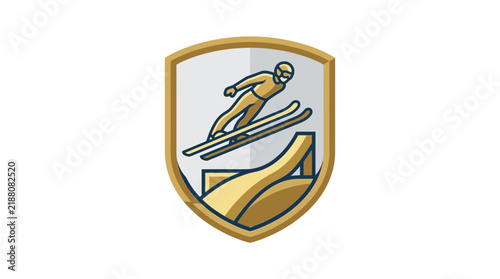 Skier jumping from ramp inside a gold shield emblem vector