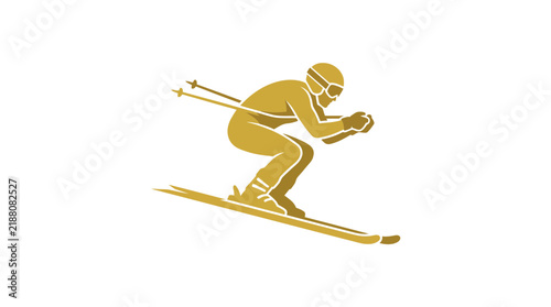 Gold skier athlete racing downhill in speed tuck