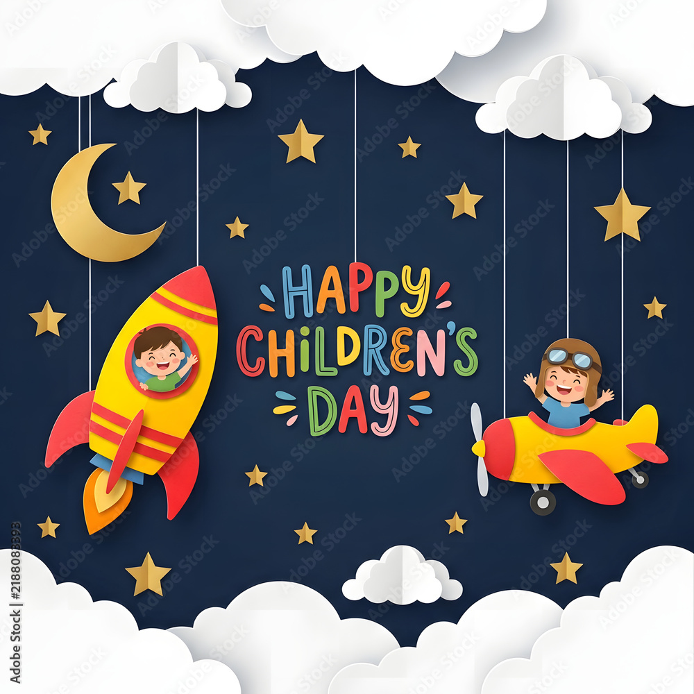 Naklejka premium Children flying in a rocket and airplane paper craft design for Childrens Day