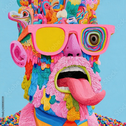 Colorful abstract melting face with sunglasses and tongue out