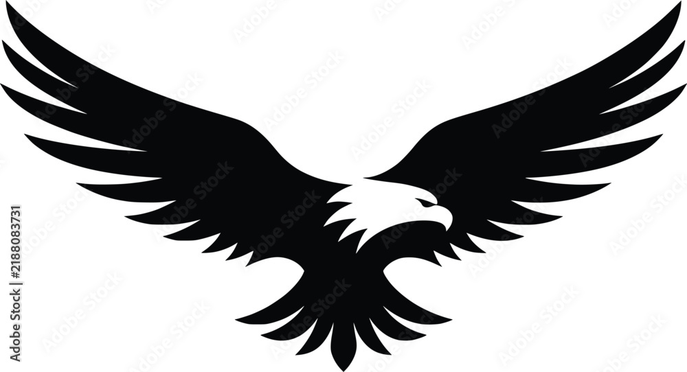 Fototapeta premium Eagle silhouette vector illustration of a soaring bald eagle with wings spread wide in flight, isolated on white background