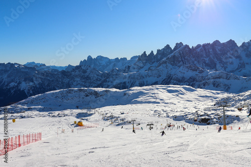 Konstfotografi Winter view of a groomed ski run at Col Margherita in the Passo San Pellegrino s