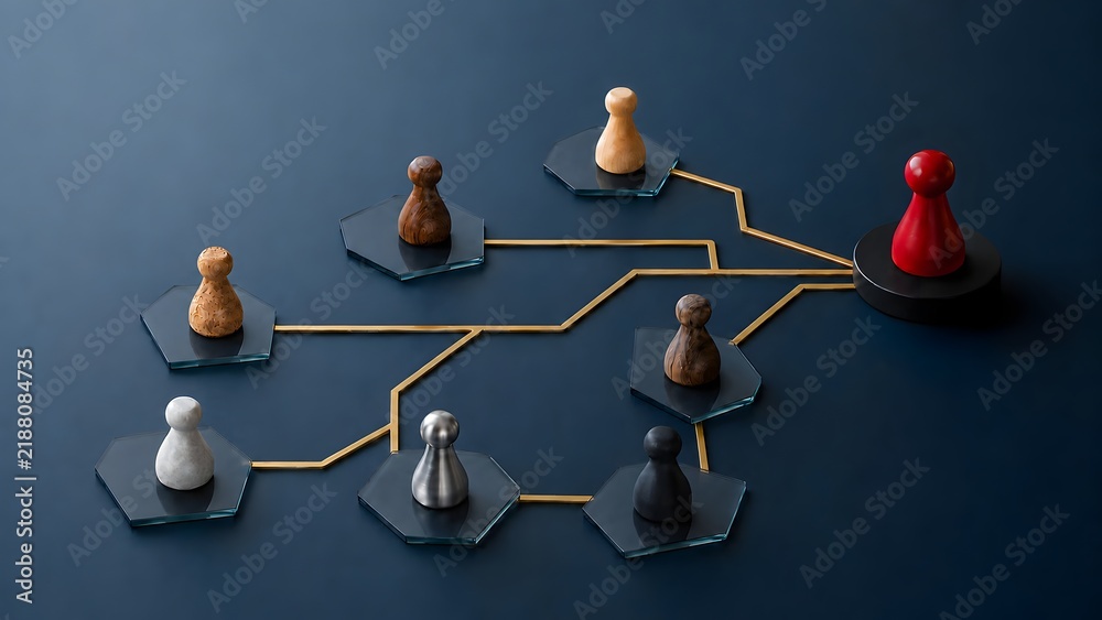 Obraz premium Red pawn leading wooden figures on connected hexagonal glass network representing business strategy and leadership hierarchy