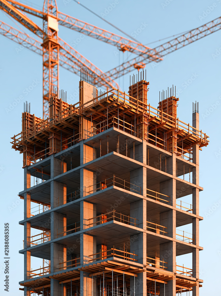 Obraz premium Unfinished concrete tower under construction with cranes and scaffolding against clear blue sky