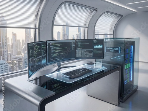 Programmer, Developer and AI Futuristic Workspace with High-Tech Server and Coding Monitors