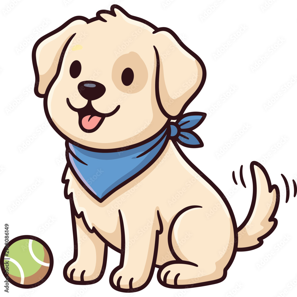 Fototapeta premium Cute Cartoon Golden Retriever Puppy Sitting with Blue Bandana and Tennis Ball