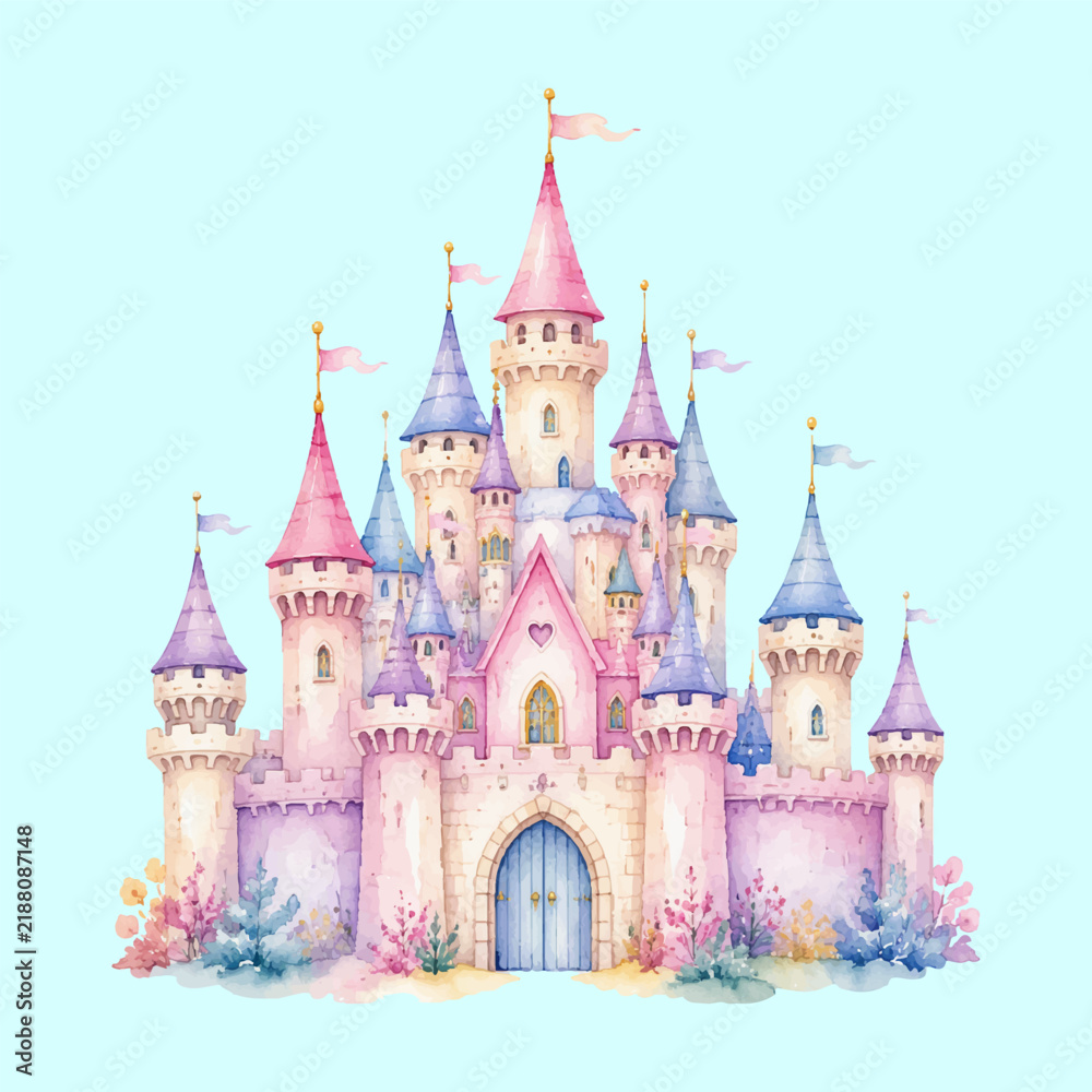 Fototapeta premium Whimsical Pink Fairytale Castle Watercolor Illustration with Colorful Towers and Flowers