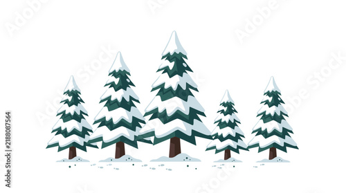 Set of Five Cartoon Snowy Pine Trees Isolated