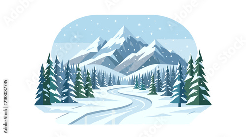 Flat Vector Winter Landscape with Snowy Mountains and Pine Forest