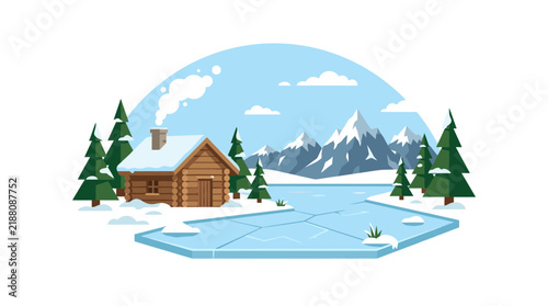 Flat Vector Illustration of a Snowy Winter Cabin Landscape