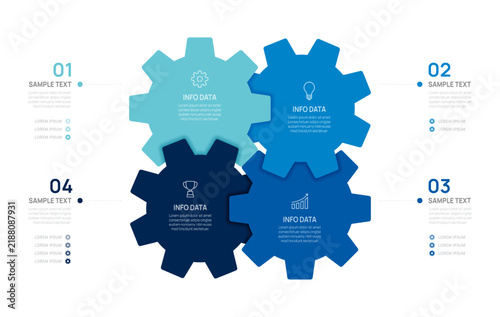 Business Infographic Gear 4 step Mechanical Workflow Template, presentation with icons diagram elements vector illustration.