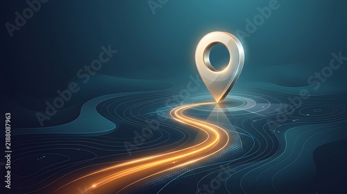 Location pin on abstract map with glowing route