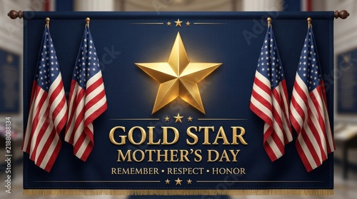 Gold star mothers day banner with american flags and a large golden star symbol for memorial and respect