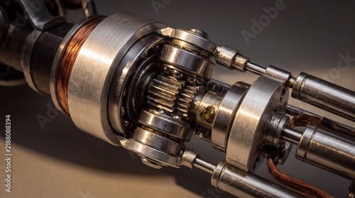 Industrial mechanical gear assembly, metallic robotic joint with copper wiring, precision engineering hardware for robotics and automation