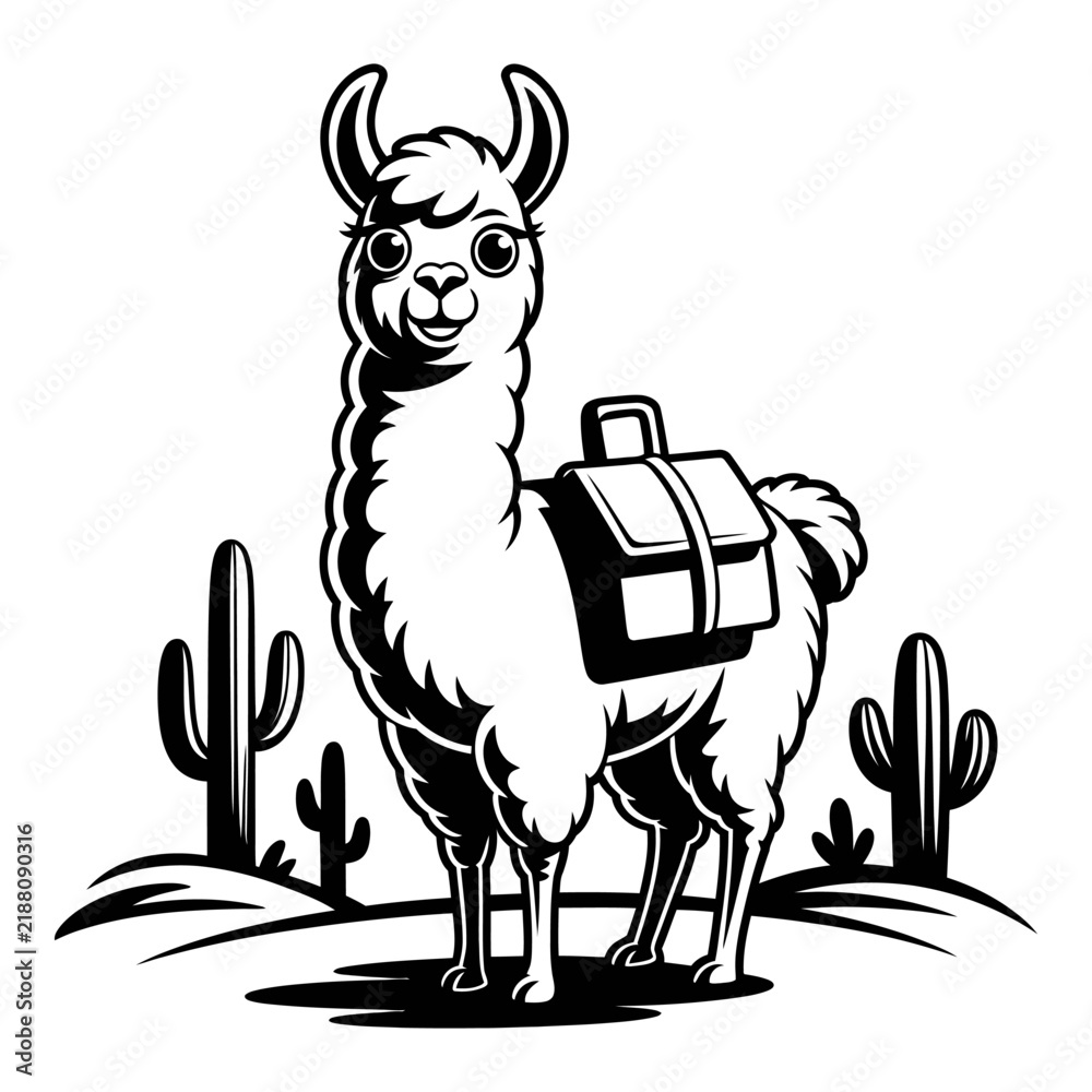 Fototapeta premium Llama carrying saddlebags stands near cacti black and white silhouette