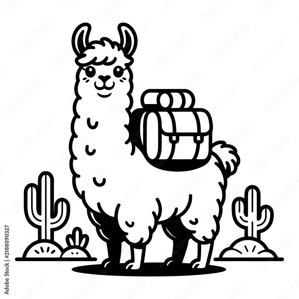 Fototapeta premium Llama carrying backpack with cacti black and white silhouette