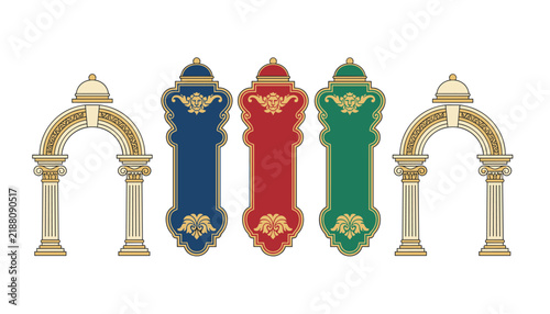 Set of four classical architectural archways and decorative pillars in distinct colors on a plain white background.