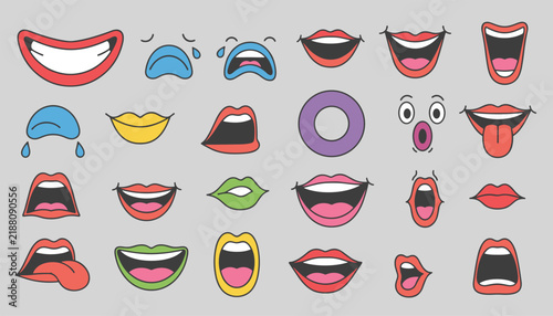Comprehensive collection of expressive lip and mouth icons showing various emotions, smiles, and expressions.