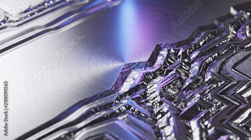 Futuristic metallic circuit board pattern, abstract silver technology background, high-tech microchip texture with purple light reflections