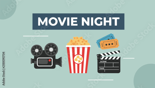 Movie night concept featuring a vintage film projector, popcorn bucket, film strip tickets, and a clapperboard on a soft background.