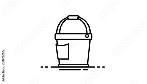 Linear art drawing of a plastic bucket with a handle and a side pocket detail, isolated on a white background for design usage.