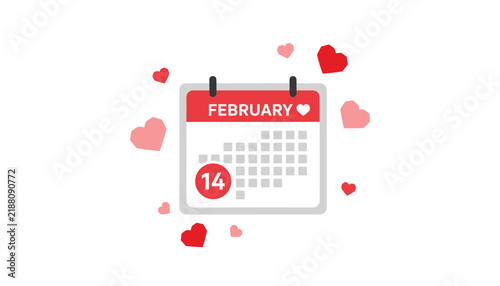 Calendar page for February 14th decorated with floating red and pink heart icons, symbolizing Valentine Day and romantic love.