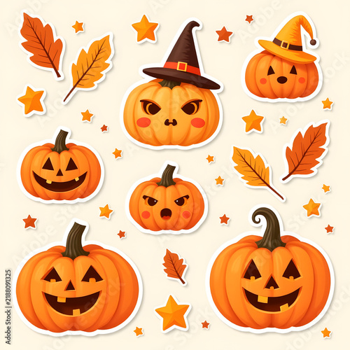 Halloween Pumpkin Sticker and Craft Elements for Children's Party Projects