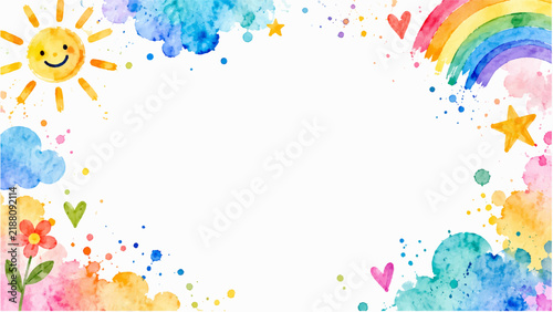 Cute watercolor baby border frame with a smiling sun, colorful rainbow, fluffy clouds, stars, and flowers. Perfect kids' background with copy space for design.