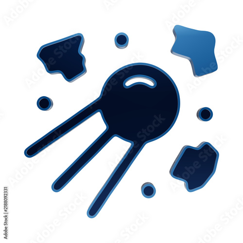 Fotografie A 3D blue glowing sputnik satellite icon surrounded by floating space debris, is