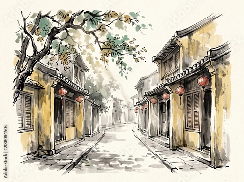 Quiet Hoi An Ancient Town street during a gentle autumn morning, weathered yellow plaster walls, traditional tiled roofs, wooden, xieyi sumi-e ink wash painting