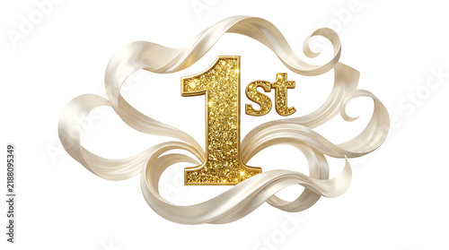 Gold glitter 1st place award number with satin ribbons, PNG cutout graphic, isolated on transparent background