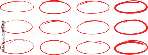 Hand-Drawn Red Marker Circle and Oval Highlight Frames Freehand Scribble Doodle Annotation Isolated on White Background