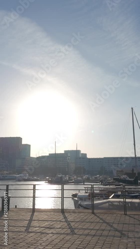 Cinematic slow-motion pull-back shot of the Antwerp harbor at sunset. Vertical video showing the sunny pier, boats, and city skyline.