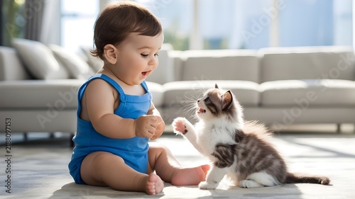 Adorable bebé jugando alegremente con un tierno gatito cachorro en la sala de estar de casa