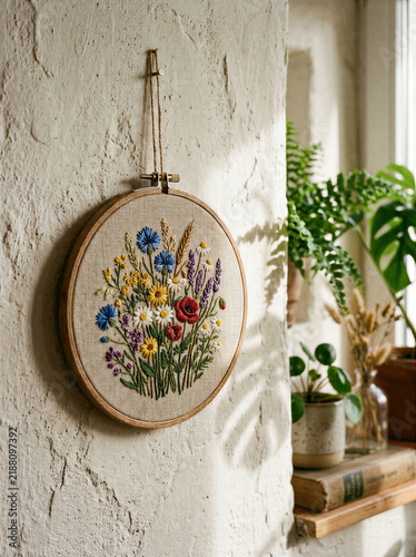 Handmade Floral Embroidery Hoop with Colorful Botanical Design