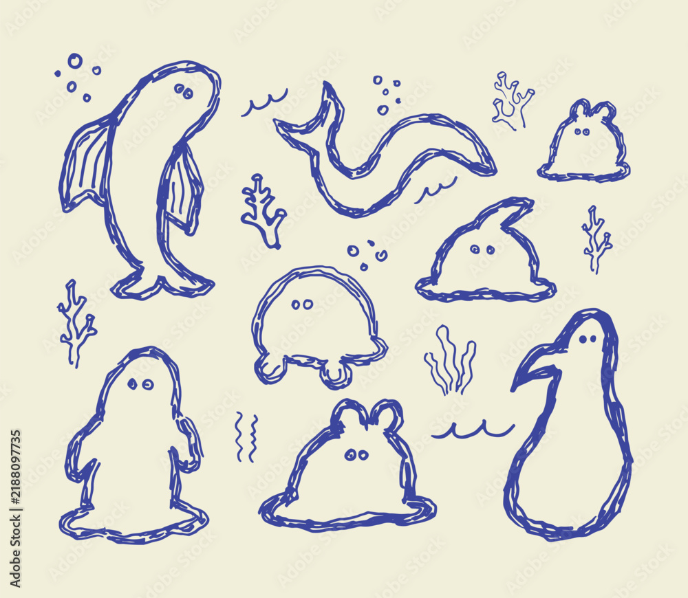 Fototapeta premium Set of cute hand drawn doodle sketches of ocean animals and sea creatures