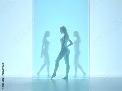 Plakat 透明なデジタル空間を歩く女性シルエット