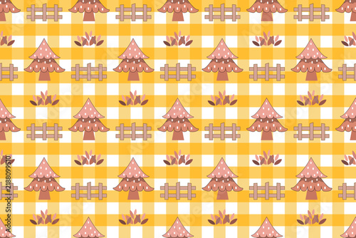 seamless cute autumn vector pattern featuring pink pine trees wooden fences small bushes arranged rows over a vibrant yellow white gingham plaid checkered background