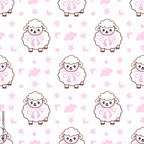 Cute seamless vector pattern featuring adorable white cartoon sheep pink bows surrounded stars moons clouds white background perfect baby fabric wallpaper design