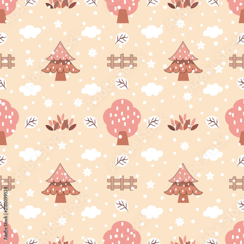 cute seamless vector winter pattern featuring pink pine trees round trees clouds falling snowflakes white leaf warm beige background
