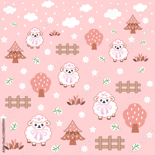 cute seamless vector pattern features fluffy white sheep pink bows, pastel pink background decorated trees wooden fences small white flowers charming kawaii style