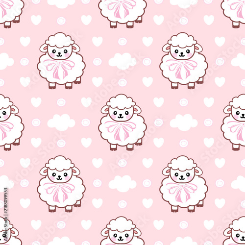 Cute seamless Vector pattern featuring adorable white cartoon sheep pink bows surrounded heart clouds, pink background perfect baby fabric wallpaper design