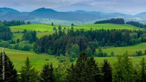static 1-minute 4K loop of a panoramic mountain valley with green fields, rolling hills, dense pine forests, and birds singing.