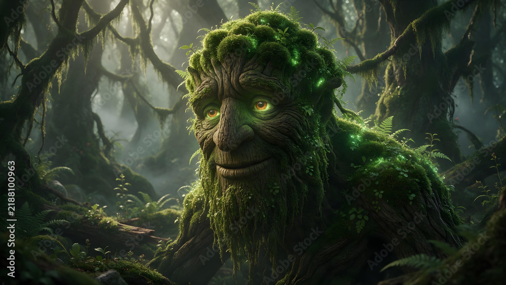 Obraz premium Friendly moss-covered tree giant monster in a misty enchanted forest with glowing green eyes