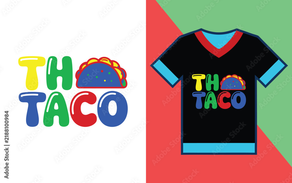 Naklejka premium Th taco typography with taco for apparel print on black t-shirt mockup background