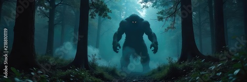 A shadowy, monstrous figure lurking in a dark forest, its terrifying form partially obscured by the trees, evokes a sense of primal fear and impending danger , dread, terrifying, paranormal